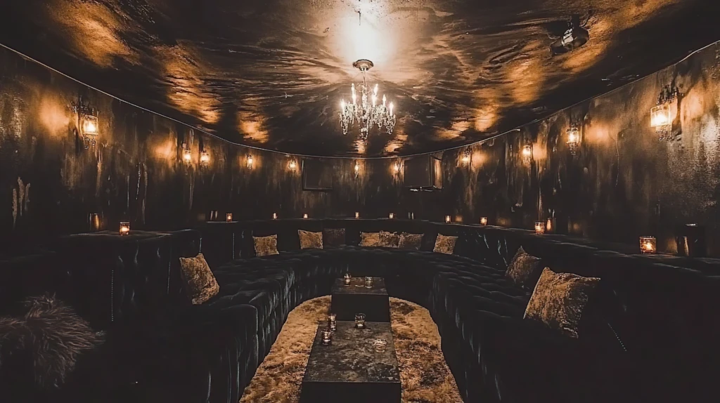 Candlelit private lounge with a chandelier, velvet seating and low tables