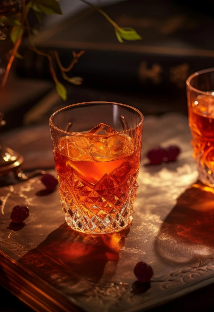 Two crystal glasses of whisky by candlelight with rose petals on a silver tray